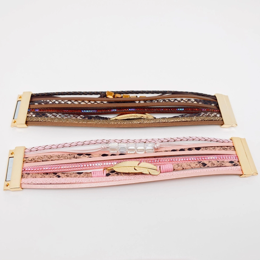 Bracelet large cuir rose et marron