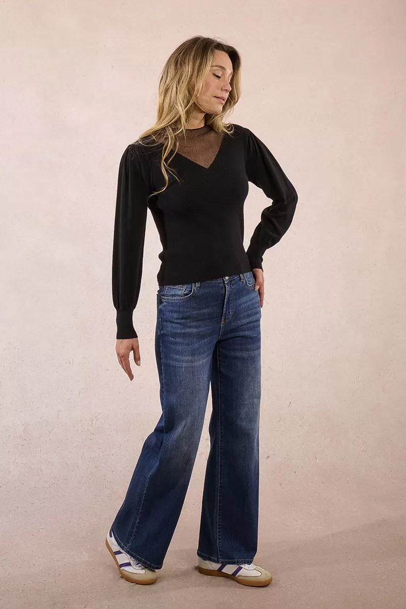 Pull bi-matière manches bouffantes